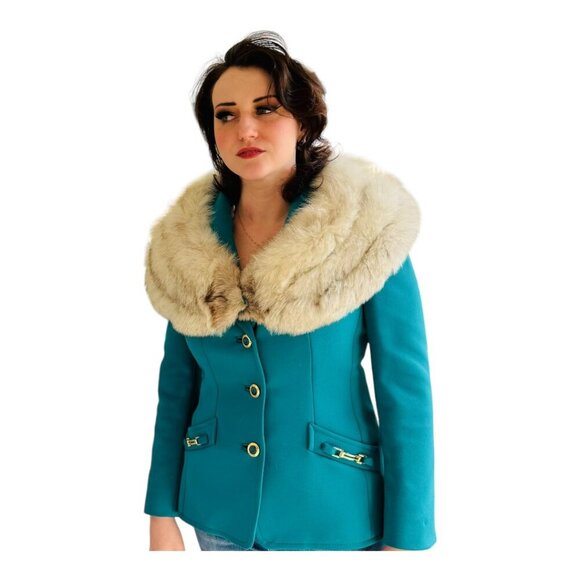 Lilli Ann Vintage Teal Jacket with fox fur collar SZM_6 - Picture 8 of 11